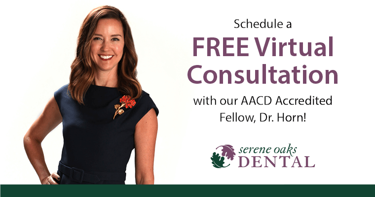 Dr. Horn in a navy dres with a red flower, and the text, Schedule a free virtual consultation with our AACD Accredited Fellow, Dr. Horn