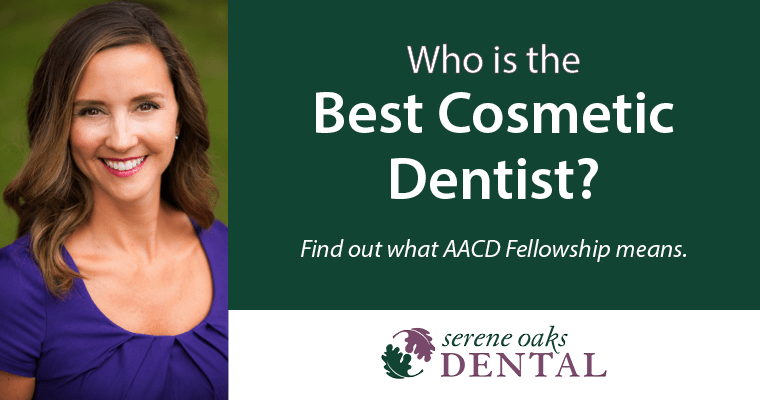Dr. Horn in a purple top in a field, with the text, Who is the best cosmetic dentist? Find out what AACD Fellowship means.